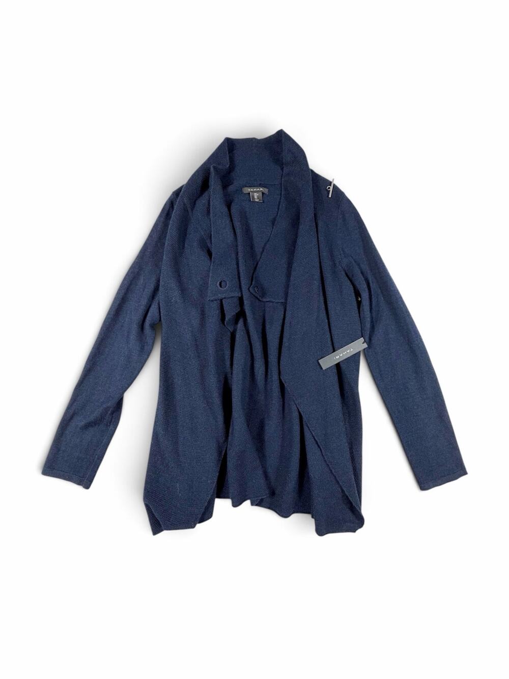 NEW Tahari Merino Wool Blend Draped Open Front Cardigan Navy Large